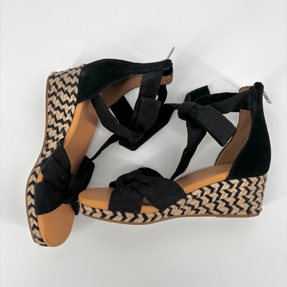 NWOT UGG Women's Yarrow Black Suede Espadrille Wedge Sandals Ankle Bow Straps - Picture 6 of 9